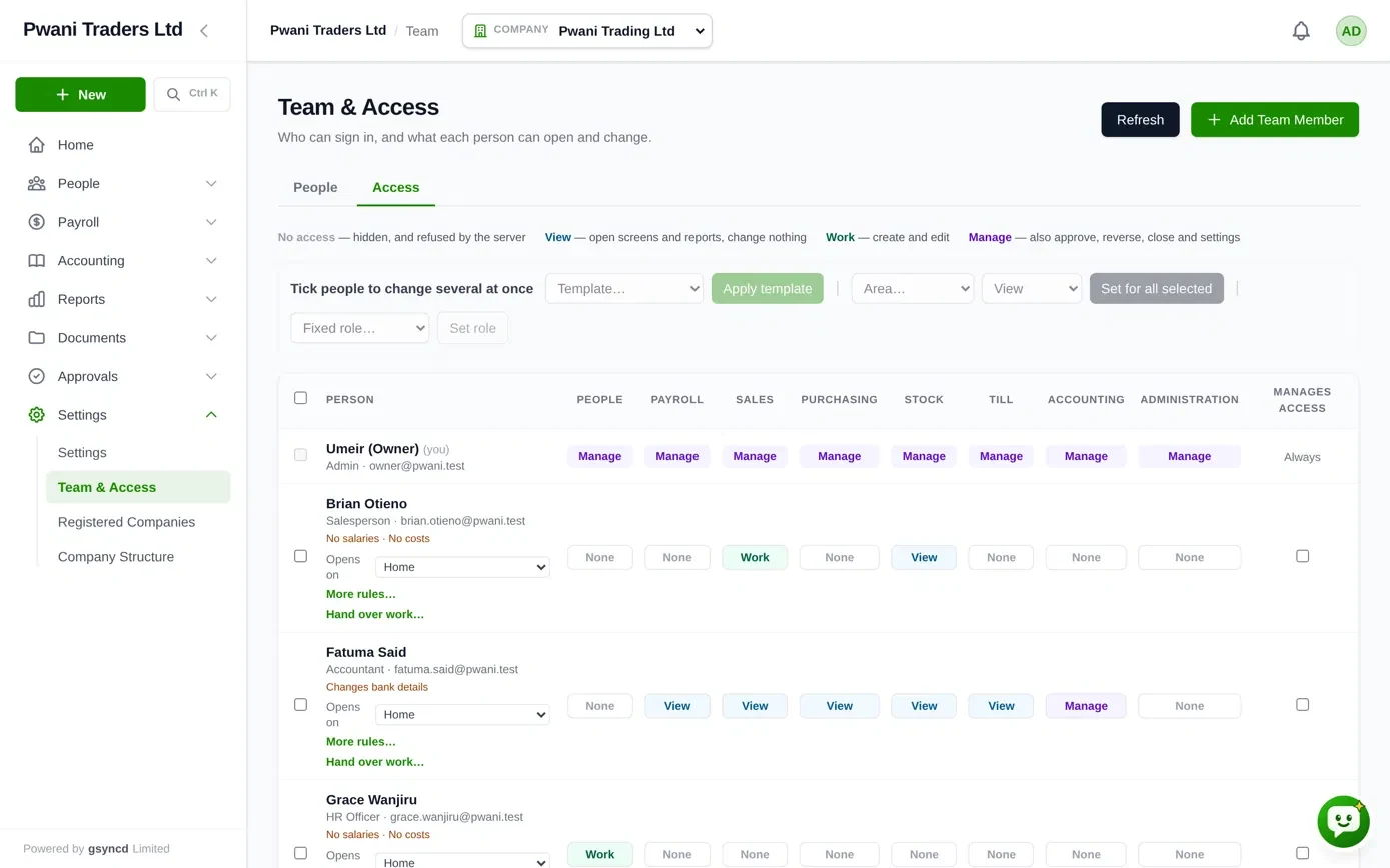 ERPsyncd Team and Access screen with access levels None, View, Work and Manage set per person for People, Payroll, Sales, Purchasing, Stock, Till, Accounting and Administration