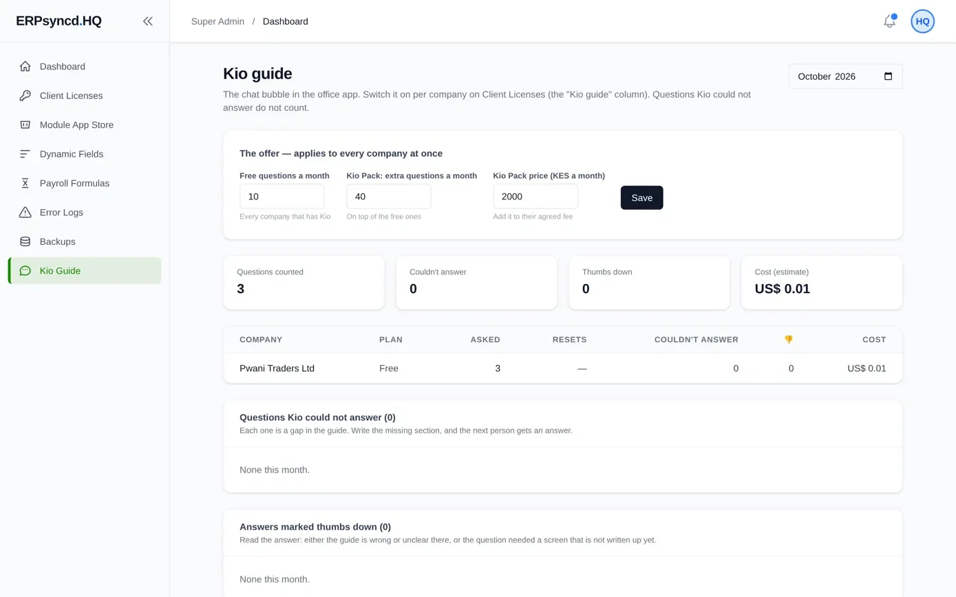 ERPsyncd admin view of Kio usage: questions asked, unanswered questions and thumbs down
