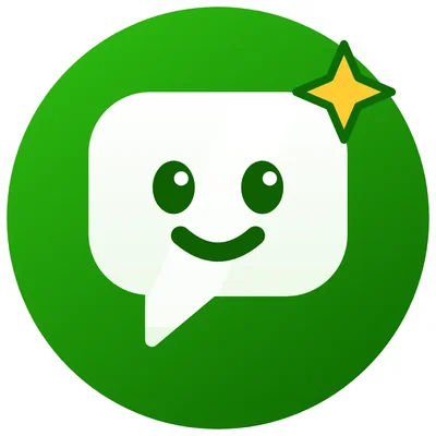 Kio avatar: a smiling green speech bubble with a gold spark