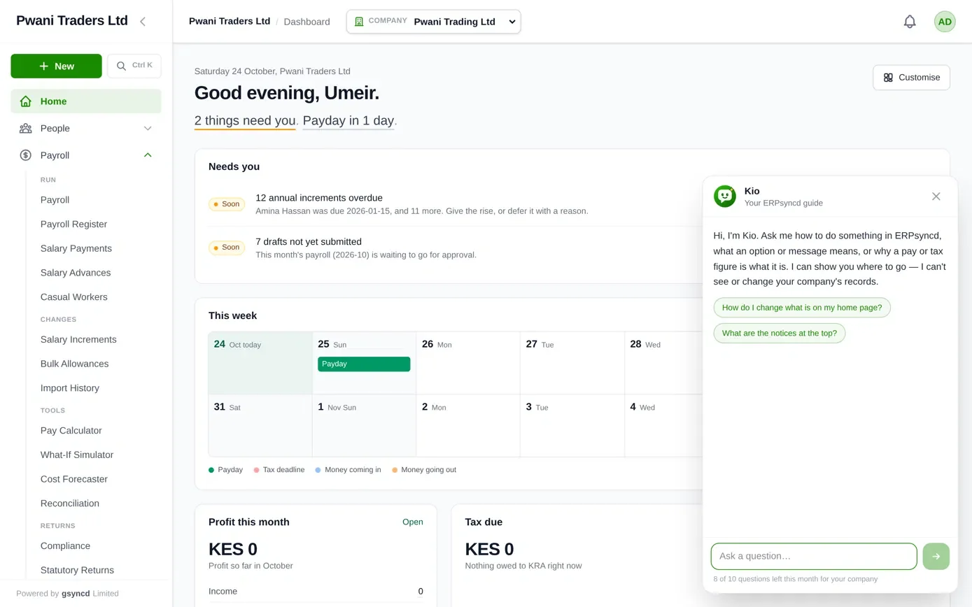 ERPsyncd home dashboard with the Kio guide panel open