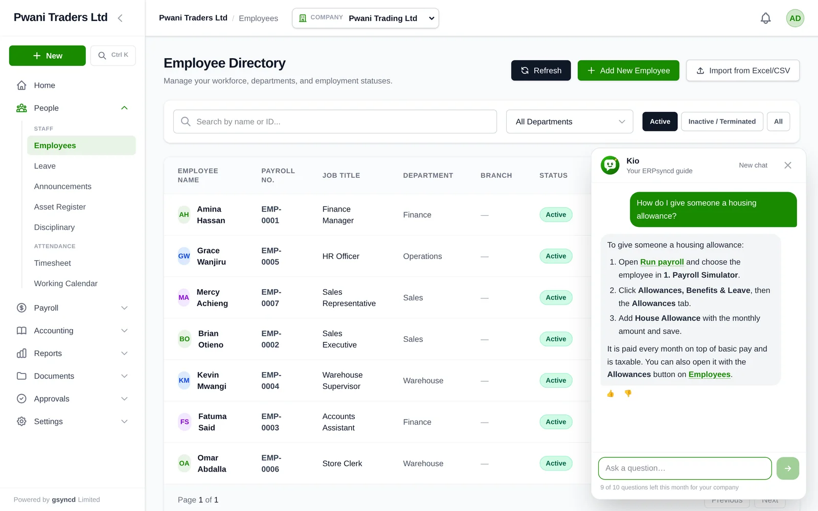 Kio answering how to give an employee a housing allowance in ERPsyncd, with a link to Run payroll