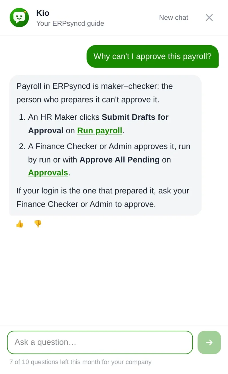 Kio on a phone explaining why a payroll needs a separate checker to approve it